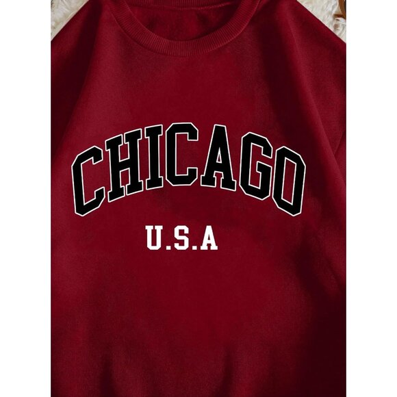 ⚡Women Burgundy Chicago Imported Graphic Crewneck Long Sleeve Sweatshirt - Picture 5 of 5
